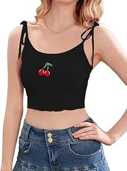SHENHE Women's Cherry Crop Tops Sleeveless Spaghetti Strap